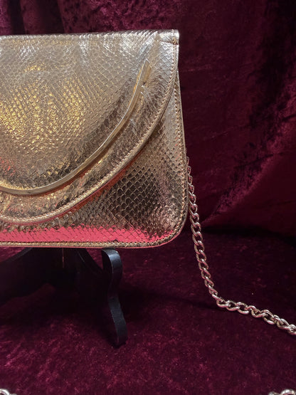 Vintage Accessories - 1980s Gold Metallic Evening Purse with Chain Shoulder Strap - Walborg