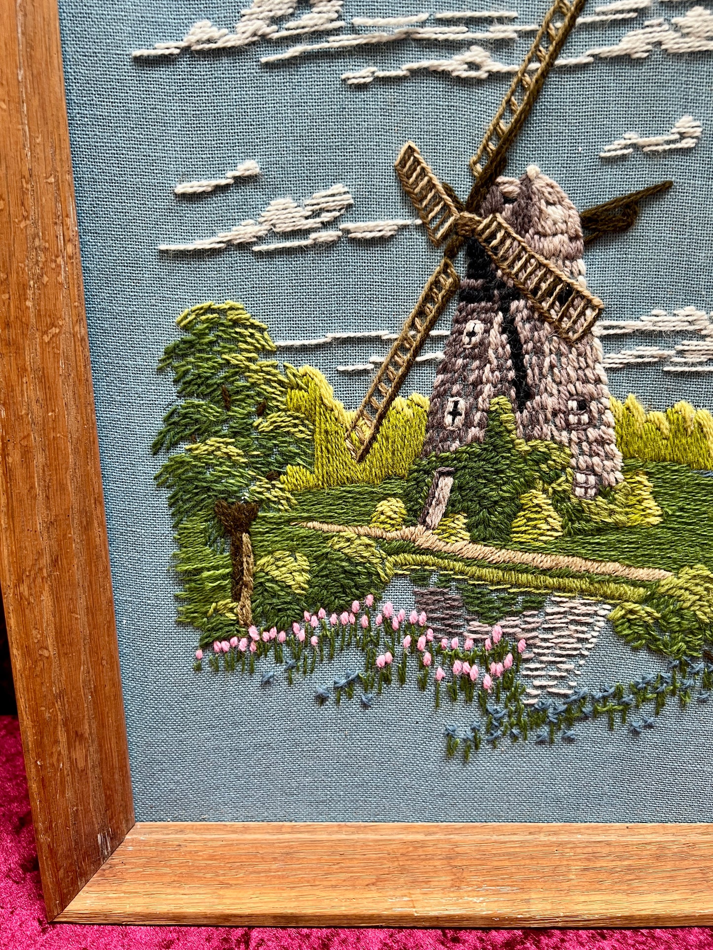 Vintage Framed Embroidery Art – Southampton Petticoat Windmill Crewel