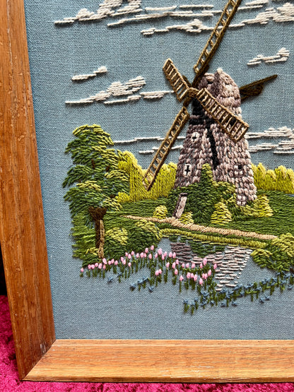 Vintage Framed Embroidery Art – Southampton Petticoat Windmill Crewel