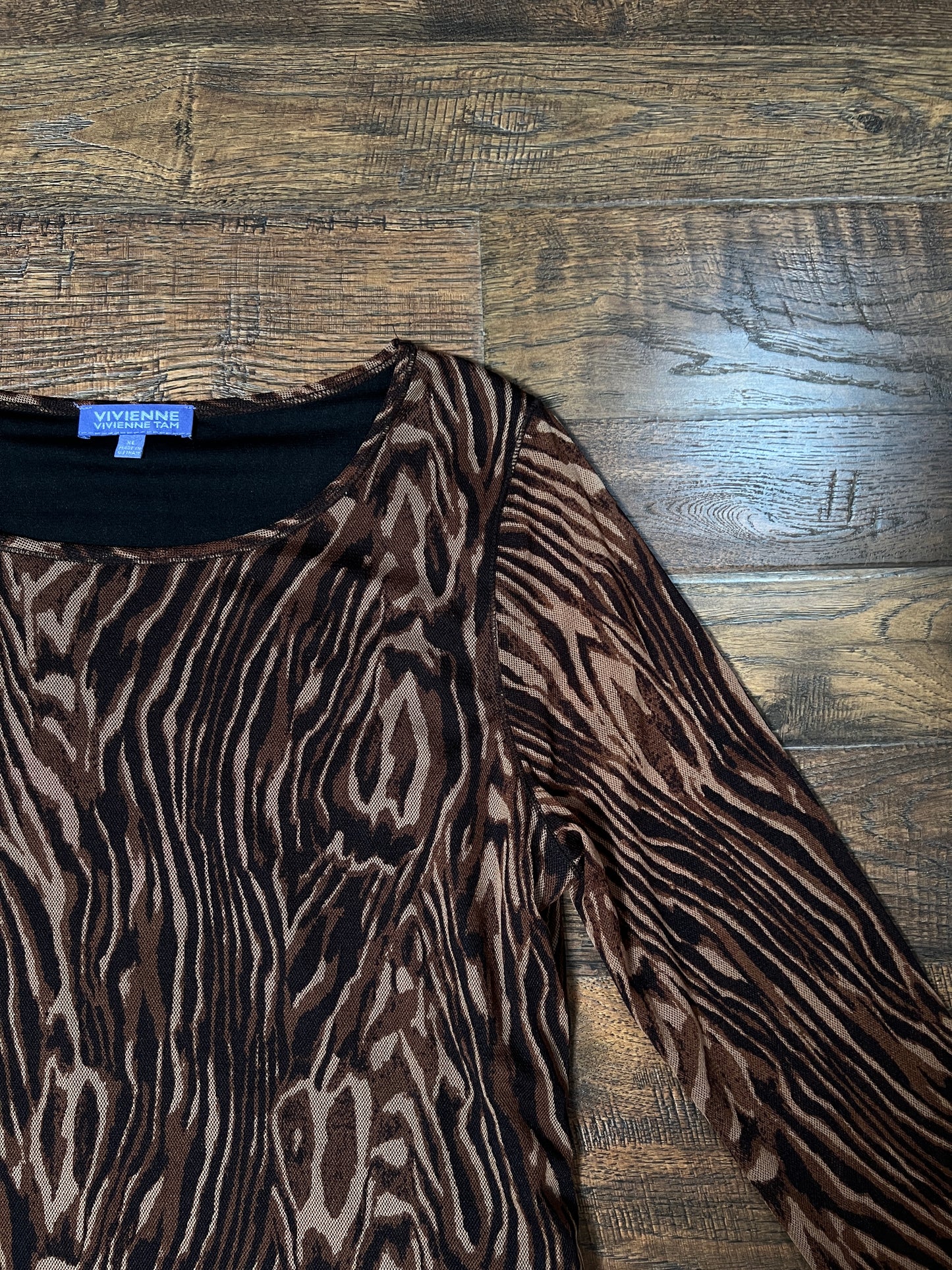 Vintage Vivienne Tam Mesh Long Sleeve Top - Brown Tiger Stripe Layered - Size X-Large