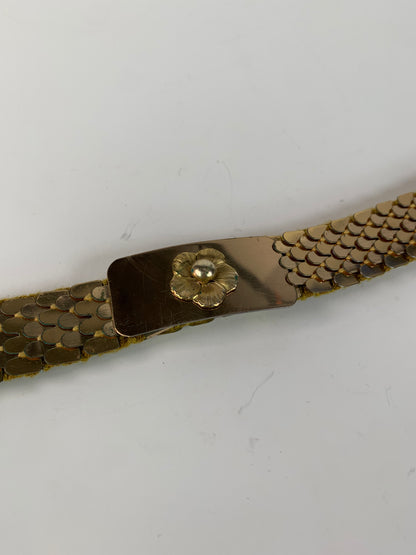 Vintage Belt - 1970s Gold Tone Fish Scale Band - 3D Flower Buckle