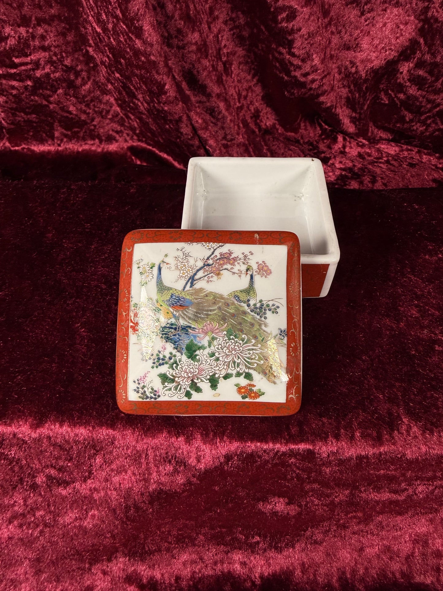 Vintage Ceramic Trinket Box – Peacocks In The Flower Garden - Lidded - Made In Japan