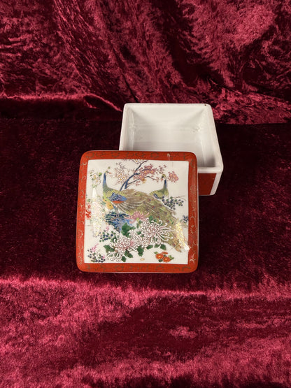 Vintage Ceramic Trinket Box – Peacocks In The Flower Garden - Lidded - Made In Japan