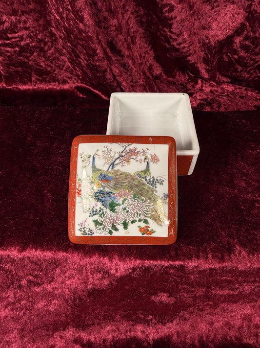 Vintage Ceramic Trinket Box – Peacocks In The Flower Garden - Lidded - Made In Japan