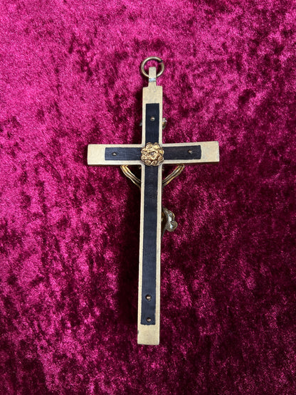 Vintage Brass Crucifix Cross - Ebony Inlay Skull and Crossbones Wall Hanging