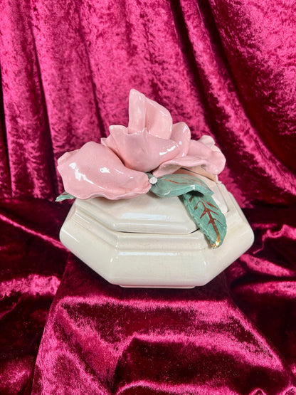 Vintage Trinket Dish - Ceramic - Giant Pink Rose - Chipped