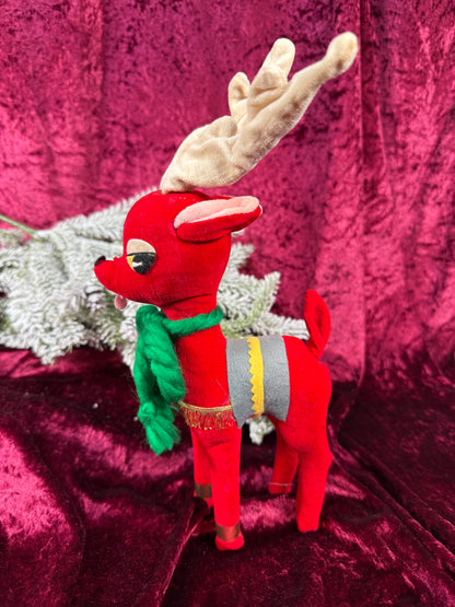 Vintage Christmas - Stuffed Doll - Red Velveteen Reindeer - Japan