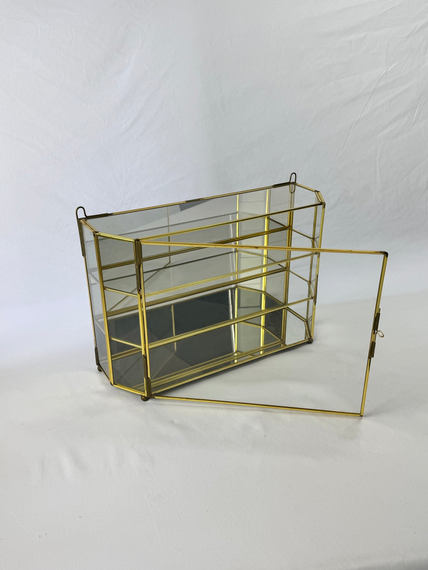 Vintage Brass & Glass Mirrored 3-Shelf Wall Hanging Curio Cabinet