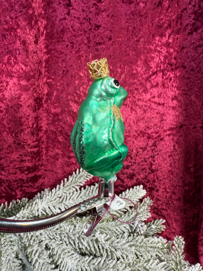 Vintage Christmas - Clip On Ornament - Hand Blown Glass -  3" Prince Frog