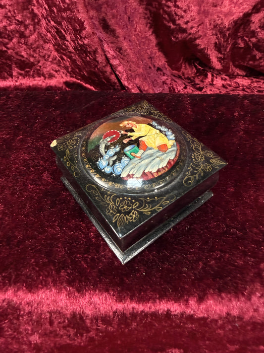 Vintage Lacquer Trinket Box with Hinged Lid – Man and Fish Fairytale Scene - Russian Kholui