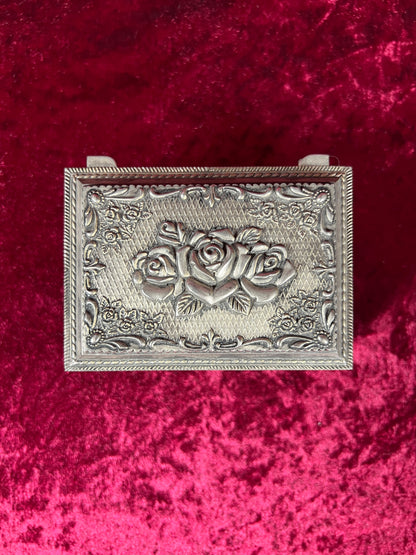 Vintage Vanity - Jewelry Box - Ornate Silver Rose Filigree - Black Velvet Lining - Footed