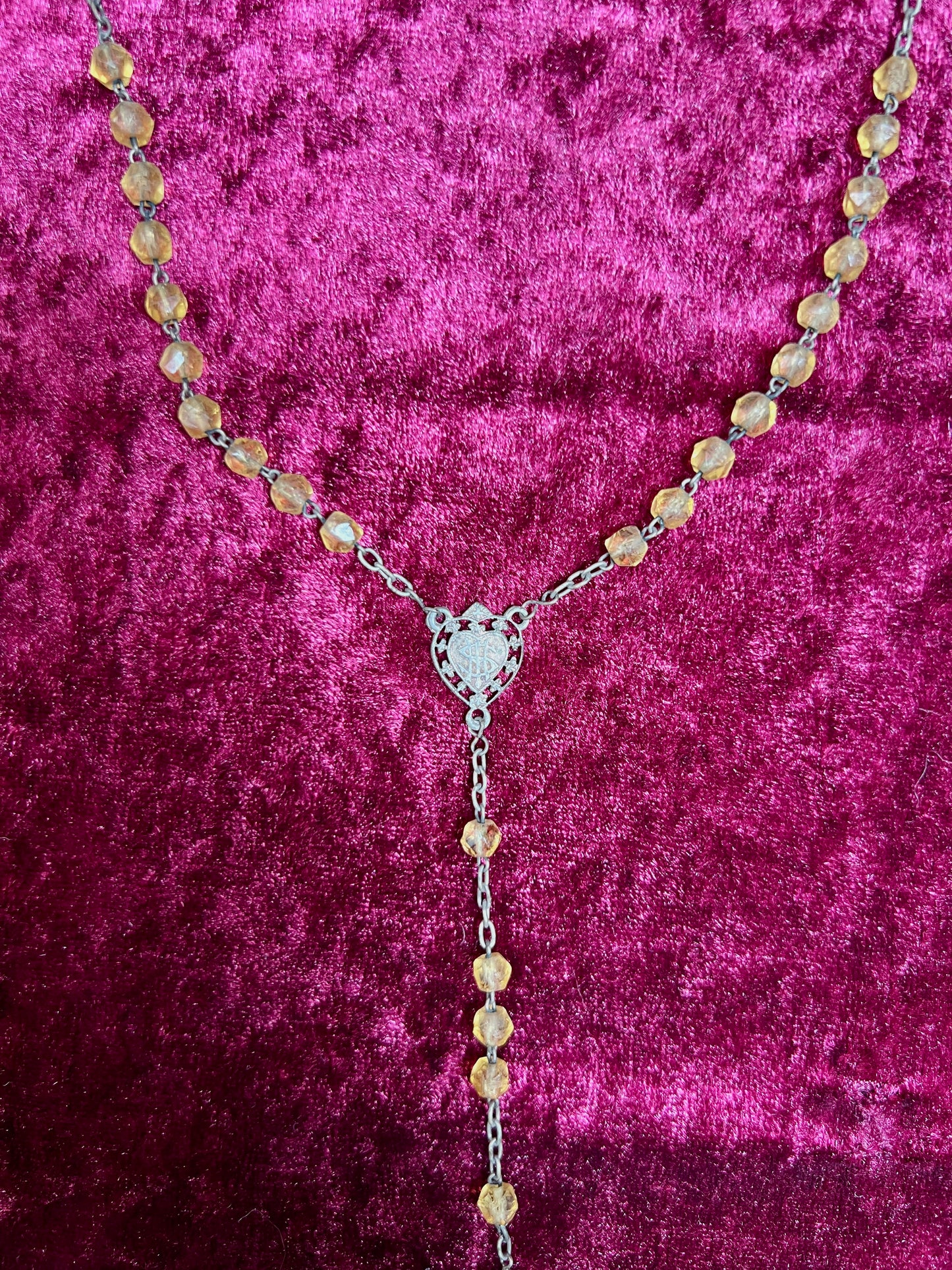 Vintage Jewelry - Rosary Beads - Faceted Amber Beads - Silver Tone Cross - 13.75"