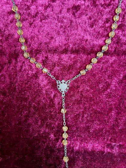 Vintage Jewelry - Rosary Beads - Faceted Amber Beads - Silver Tone Cross - 13.75"