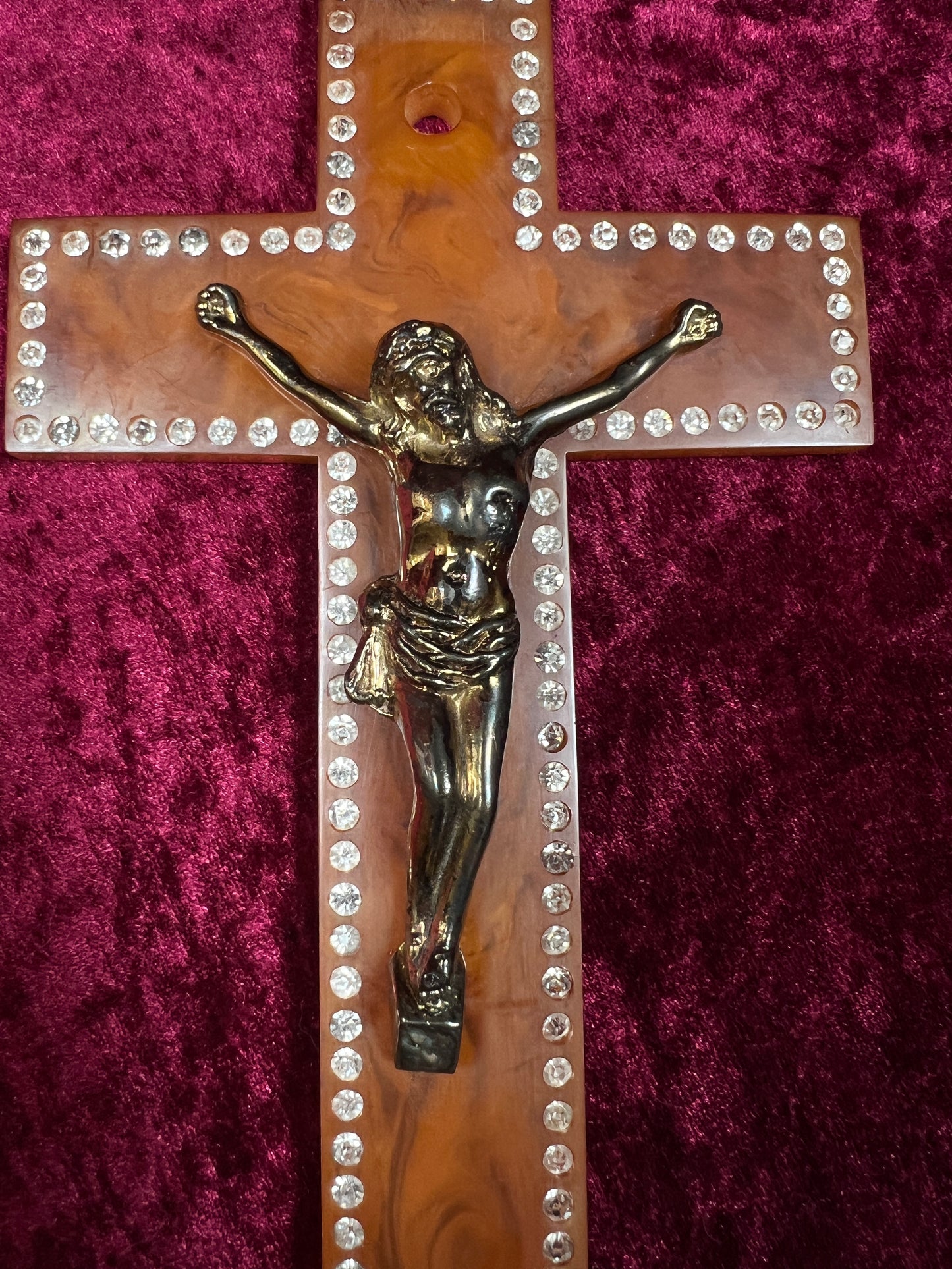 Vintage Bakelite Crucifix Cross - Butterscotch Swirl Rhinestone Religious Wall Hanging