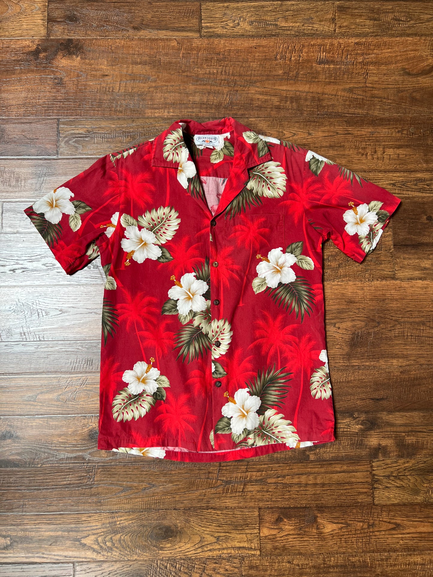 Vintage Clothing - Short Sleeve Hawaiian Shirt - White Hibiscus Flowers on Red - Pacific Legend Apparel - Small