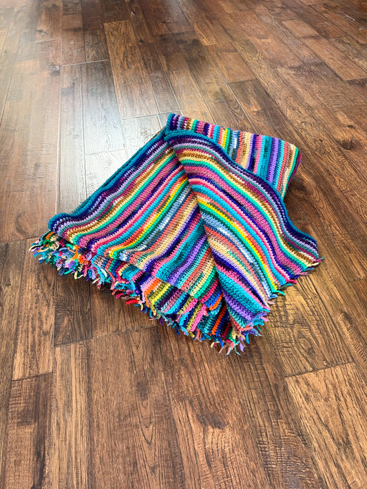 Vintage Linens - Knit Throw Blanket - Black with Multicolor Stripes - 53" X 71"