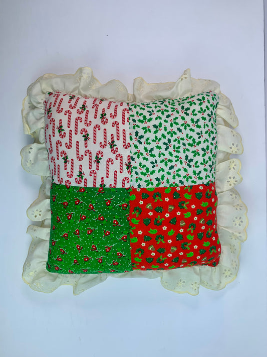 Vintage Christmas Decor - Quilted Patchwork Throw Pillow - Handmade