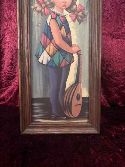 Vintage Mid Century Framed Wall Art – Big Eyes Lute Harlequin Girl Portrait - Moppet by Jean Maio