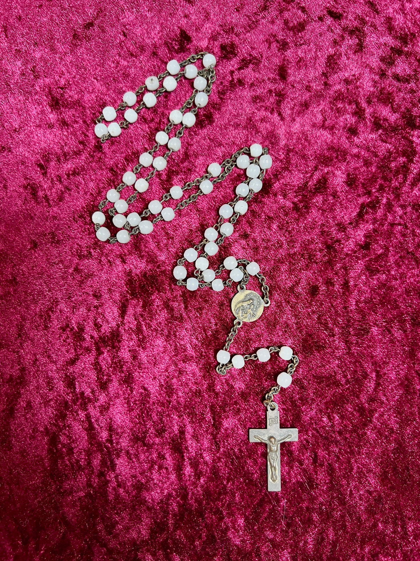 Vintage Jewelry - Italian Rosary - Shiny White Beads with Brass Tone Cross - 18"