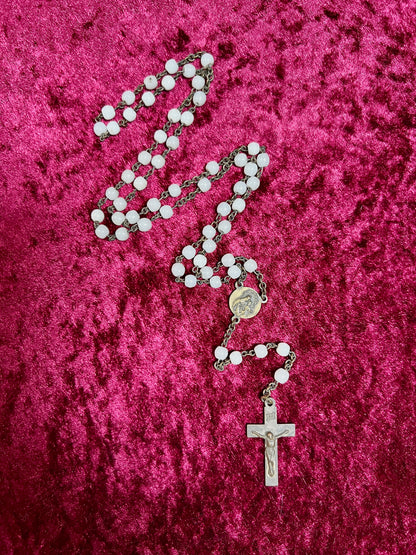 Vintage Jewelry - Italian Rosary - Shiny White Beads with Brass Tone Cross - 18"