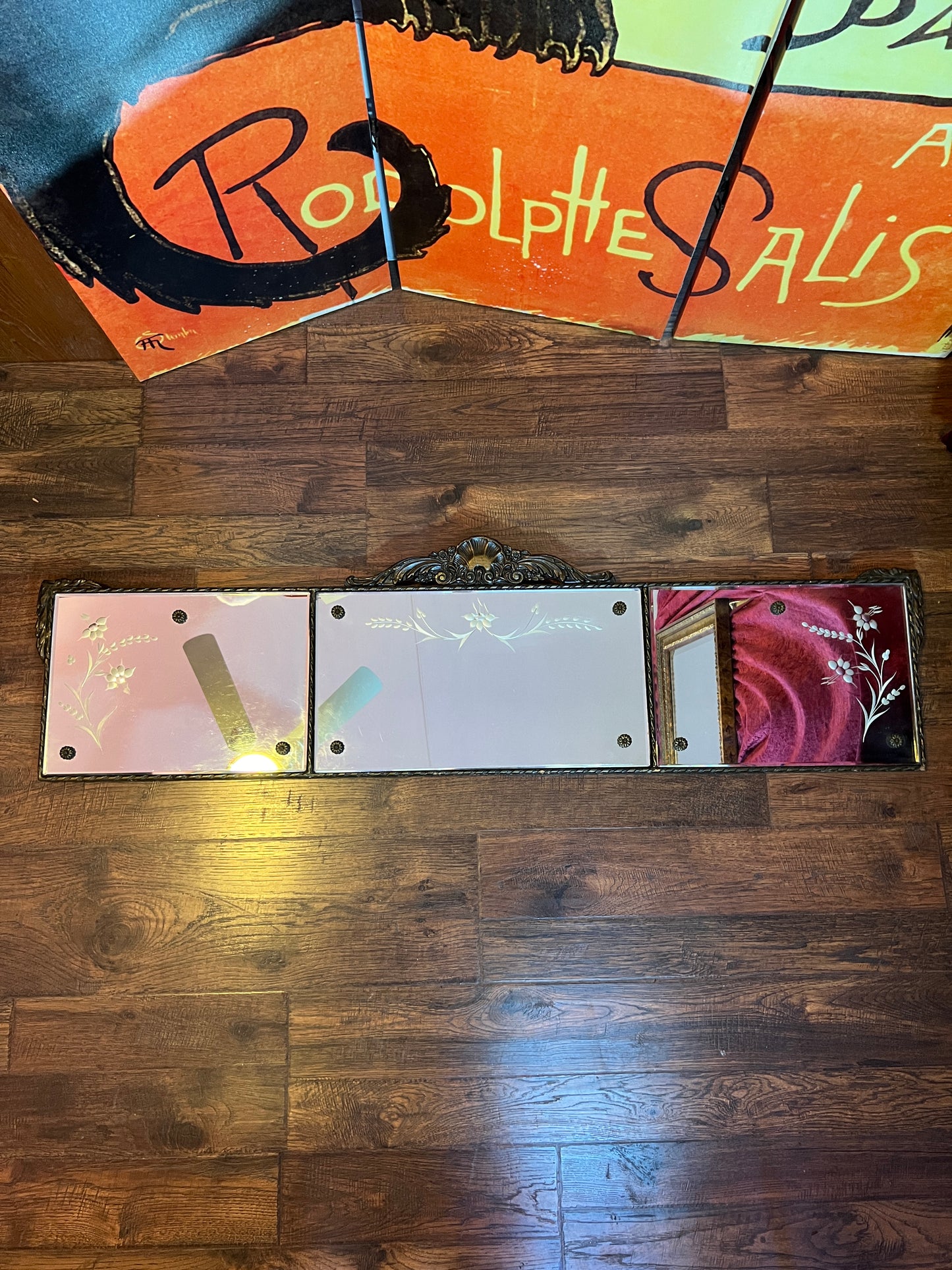 Antique Mirror - Mantle / Buffet - 3-Panel Beveled Glass - Etched Flowers