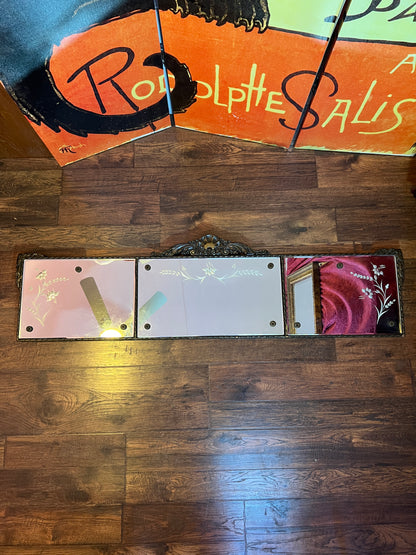 Antique Mirror - Mantle / Buffet - 3-Panel Beveled Glass - Etched Flowers