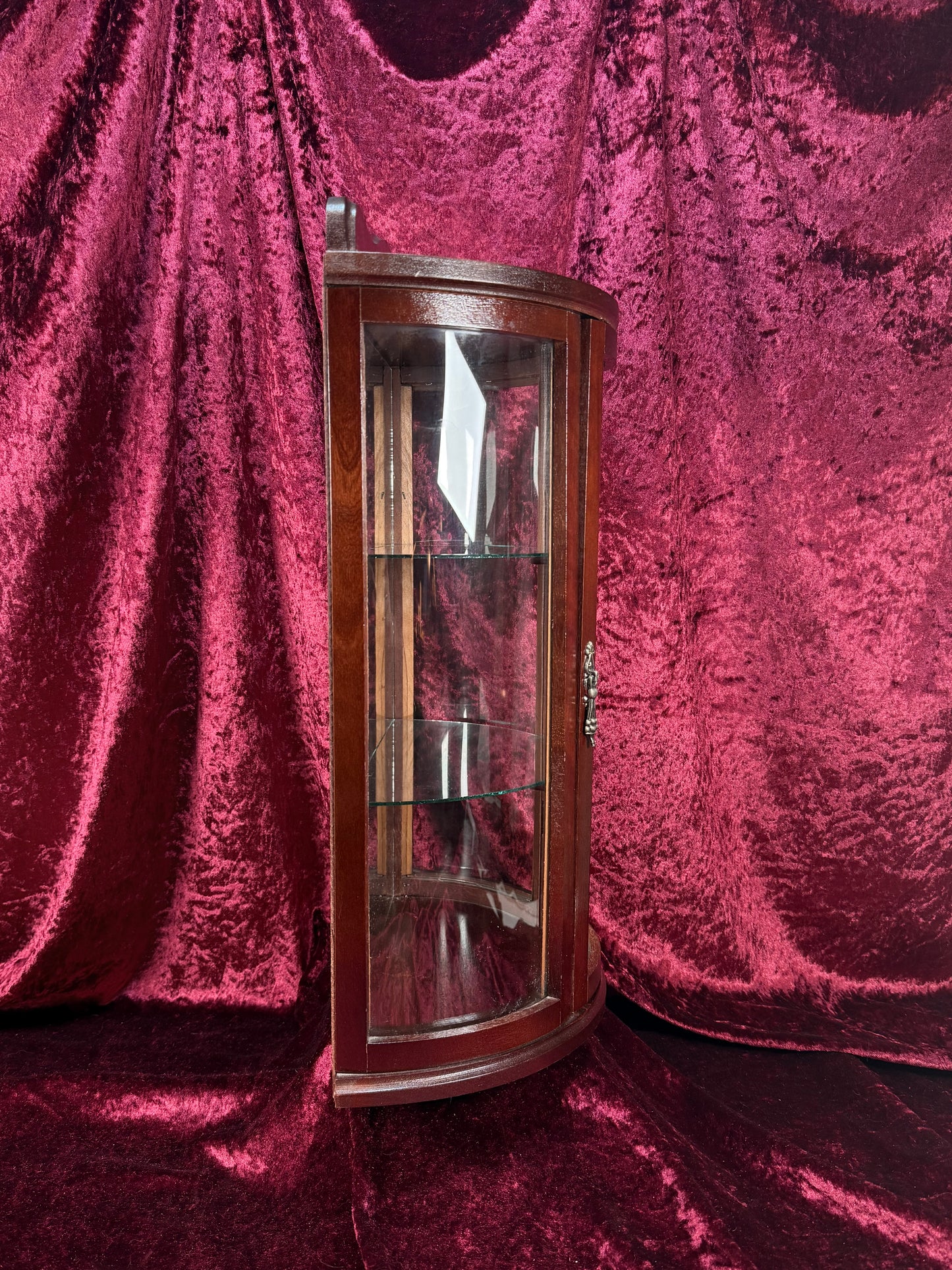 Vintage Curio Cabinet - Table Top Wood Curved Glass Cabinet - Mirrored Back - Glass Shelves - 20" Tall