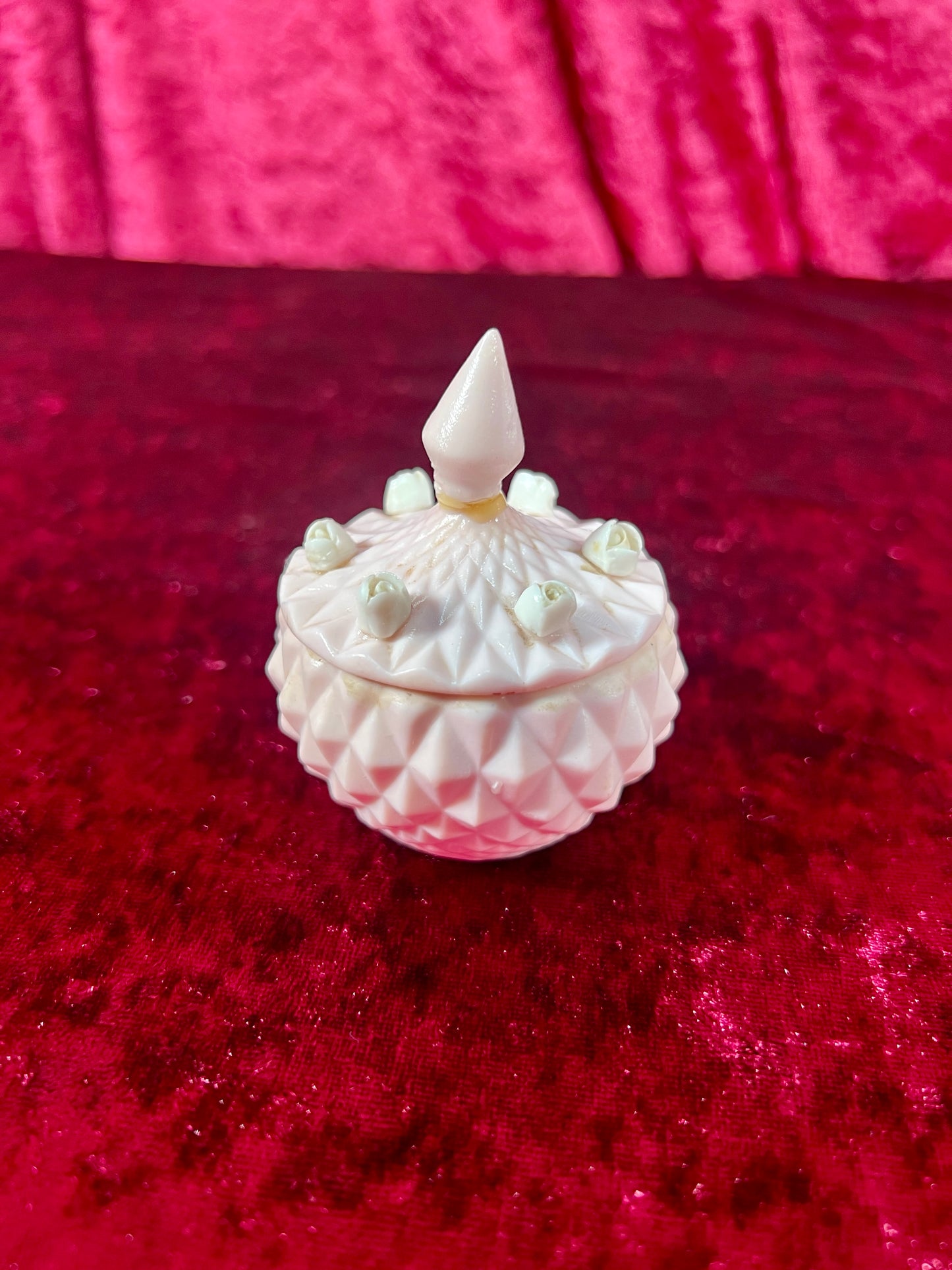 Vintage Trinket Box - Miniature Porcelain Lidded Jar - Baby Pink with Rosettes - Made In Japan