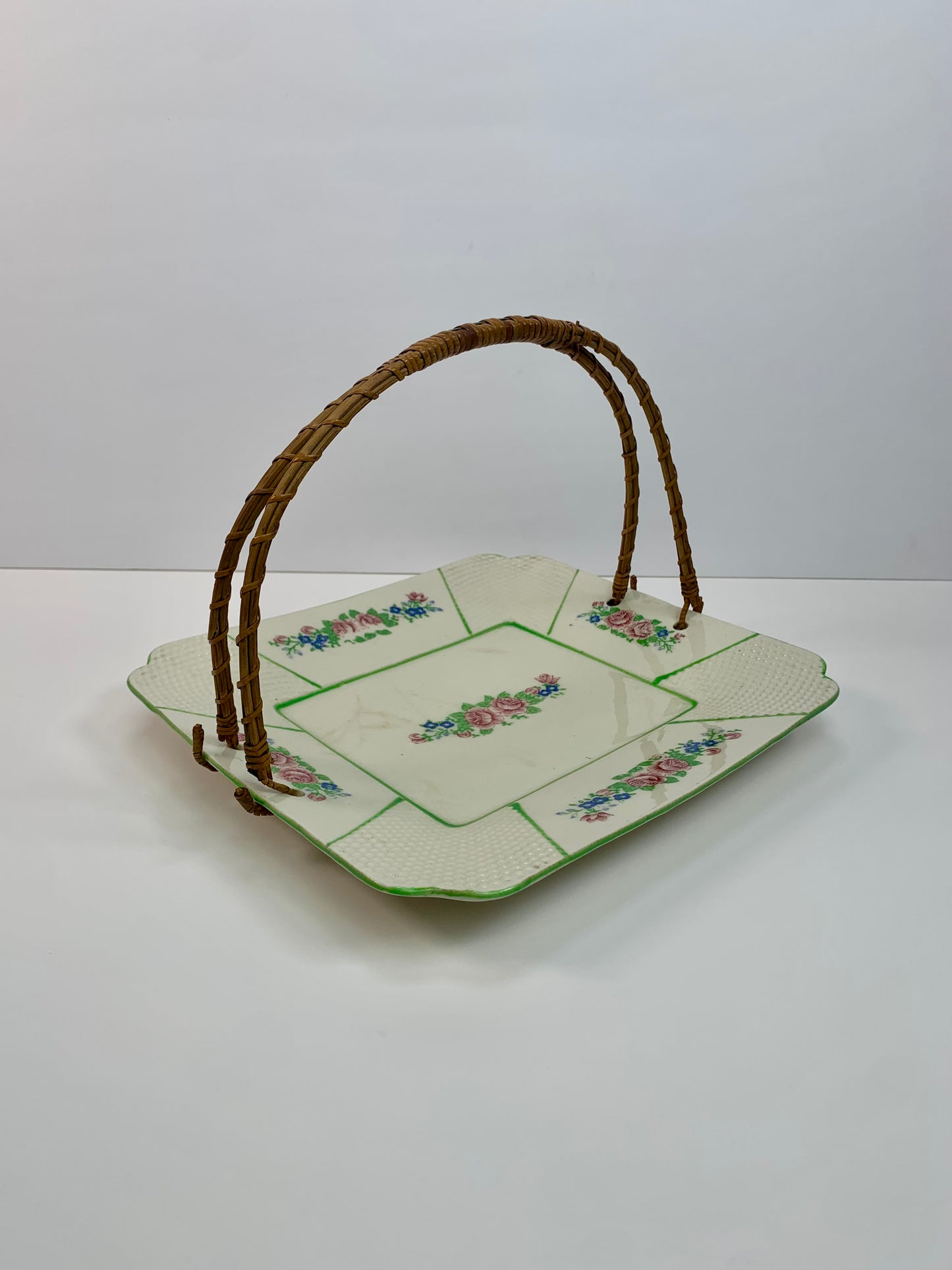 Vintage Japanese Basketweave Rattan Handled Serving Tray with Floral Pattern