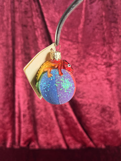 Vintage Christmas - Handblown Glass Ornament - Chameleon On Rainbow Ball - Patricia Breen - Poland
