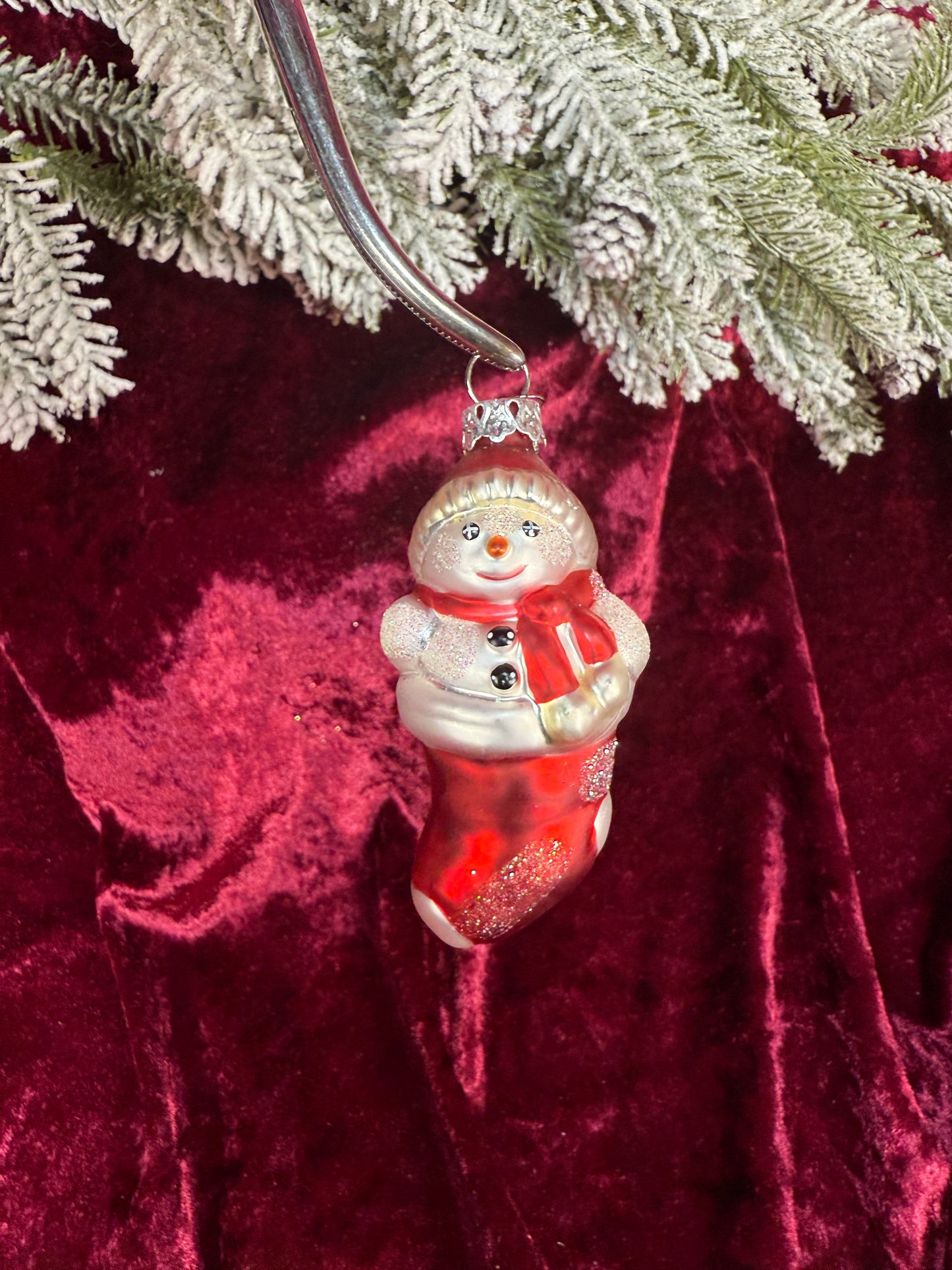 Vintage Christmas - Handblown Glass Ornament - Snowman In A Stocking - Department 56