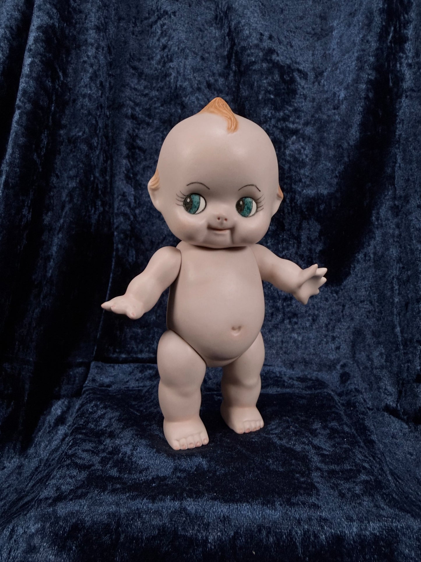 Vintage Bisque Ceramic Kewpie Doll – Posable Figure with Pink Lace Dress