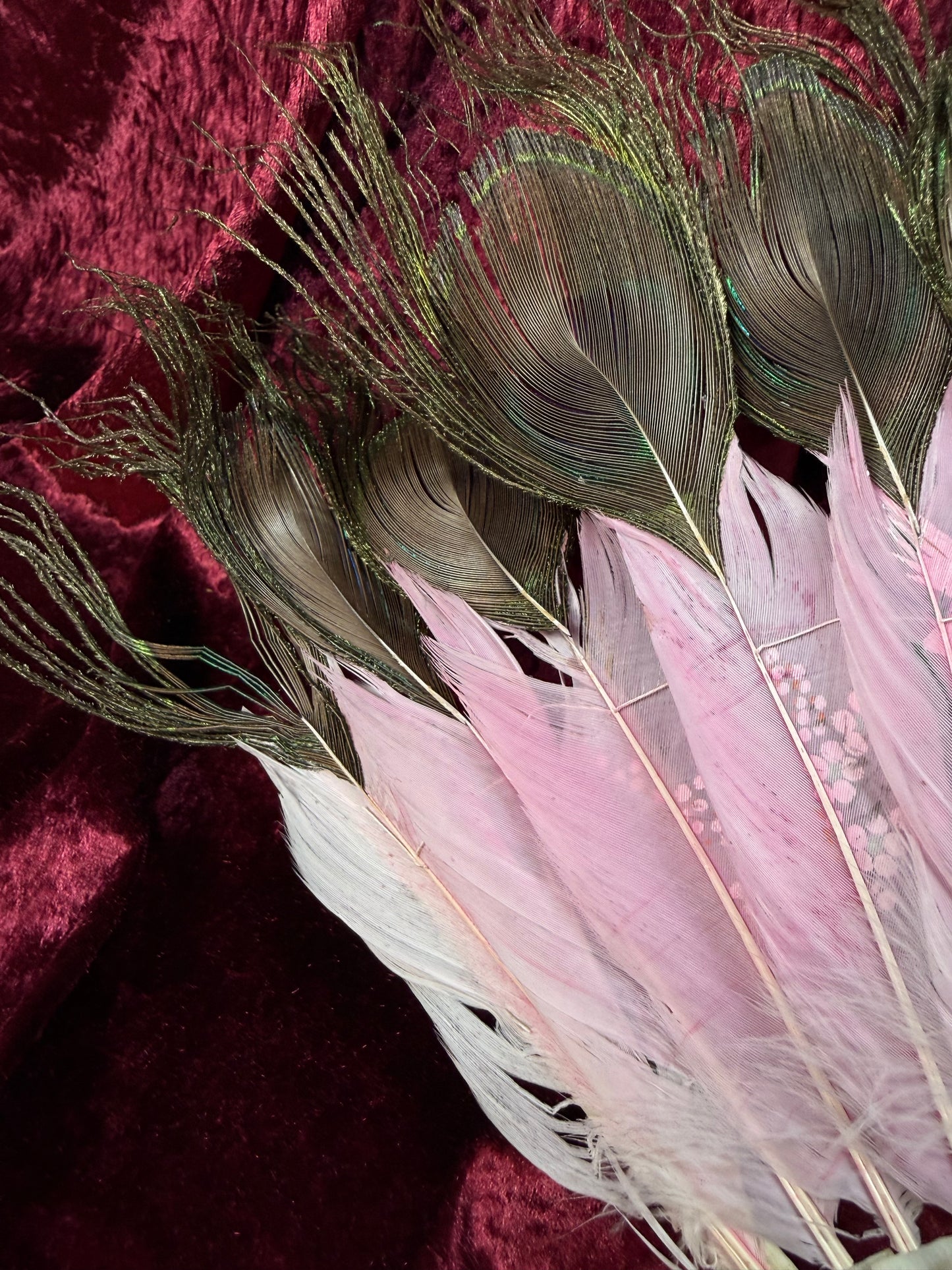 Antique Chinese Handheld Fan - Peacock Feathers and Pierced Bone Staves – Hand Painted