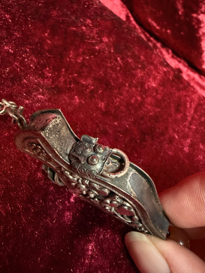 Antique Sterling Silver Needle Case Pendant Chatelaine – Carnelian Bead Late Qing Dynasty Style