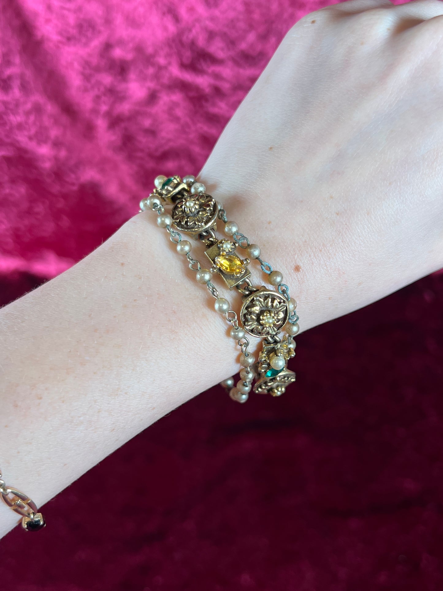 Vintage Jewelry - 3-Strand Charm Bracelet - Gold Tone - Multicolor Rhinestones - Goldette NY
