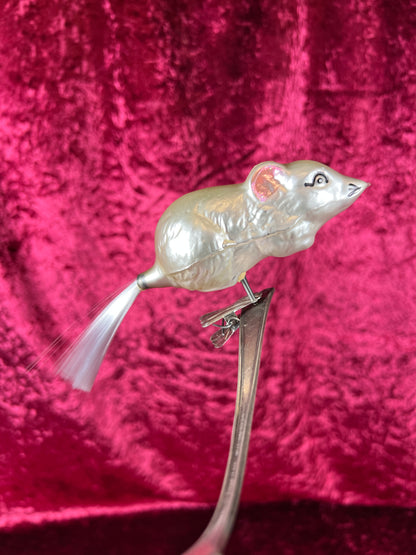 Vintage Christmas - Glass Clip-On Ornament - White Mouse with Nylon Hair Tail