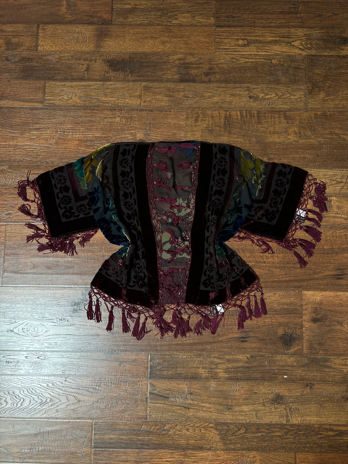 Vintage Velvet Burnout Shawl - Jewel Tone Floral Beaded Fringe Wrap - Size Small