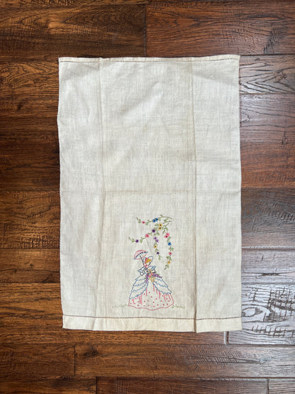 Vintage Linens - Pair of Embroidered Dinner Napkins - Rococo Lady In Waiting