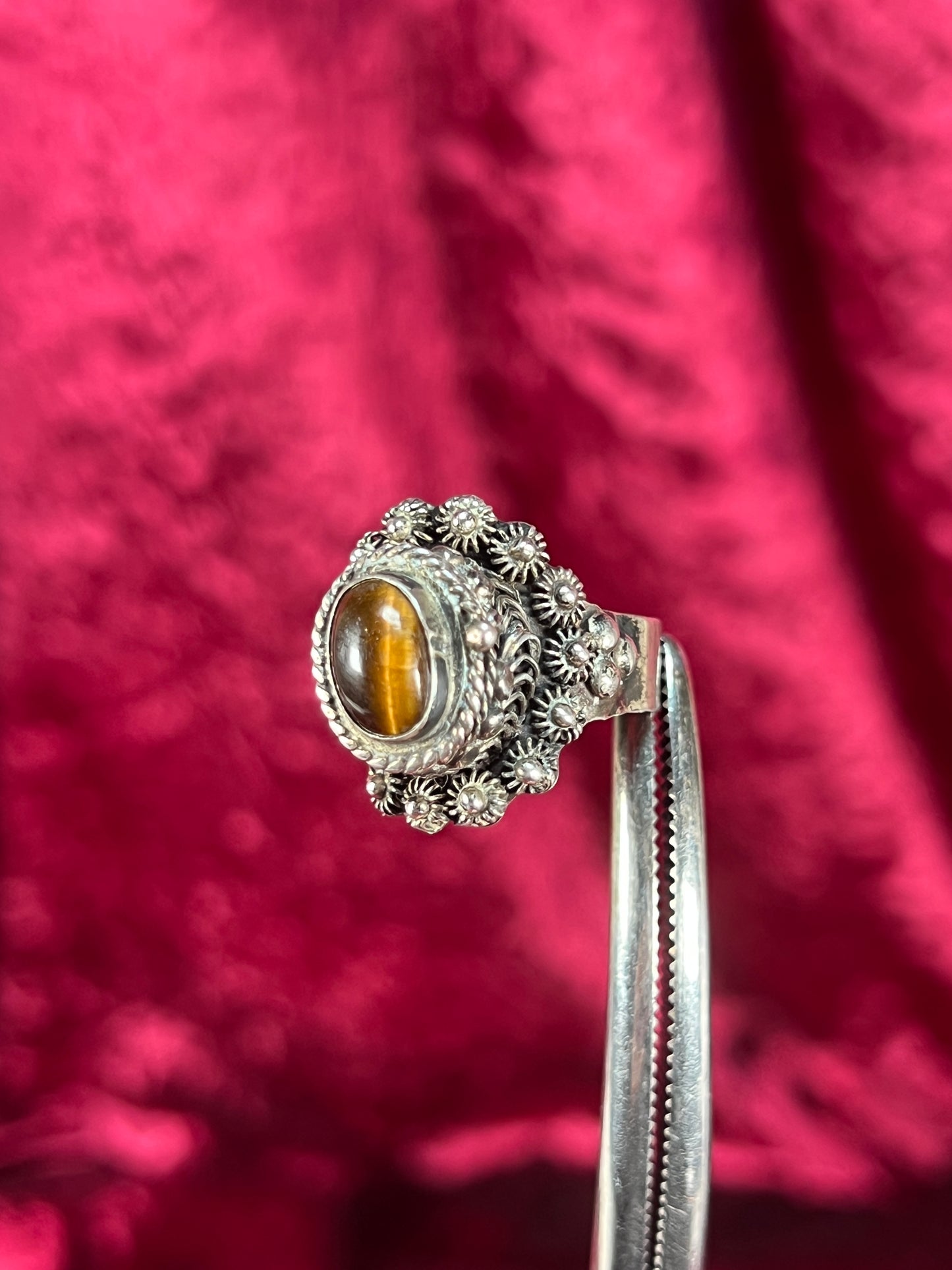 Vintage Jewelry - Adjustable Poison Ring - Sterling Silver - Tigers Eye Center Stone - Taxco