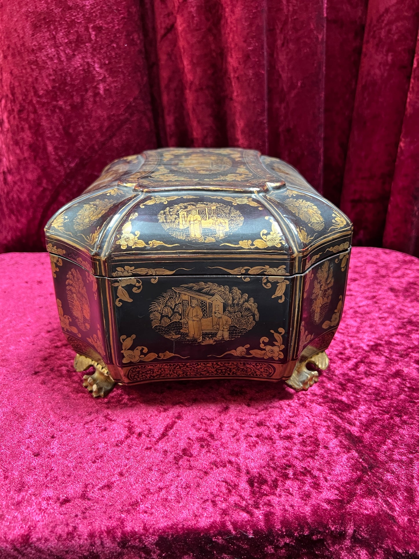 Antique Sewing Kit - Black Lacquer Ladies Work Box - Octagonal 19th Century Asian Chinoiserie