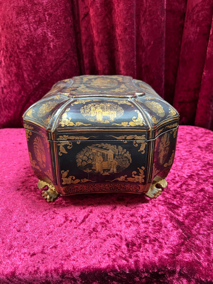 Antique Sewing Kit - Black Lacquer Ladies Work Box - Octagonal 19th Century Asian Chinoiserie