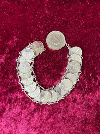 Vintage Jewelry - Coin Bracelet - Silver - Mexican Centavos - 7.75"
