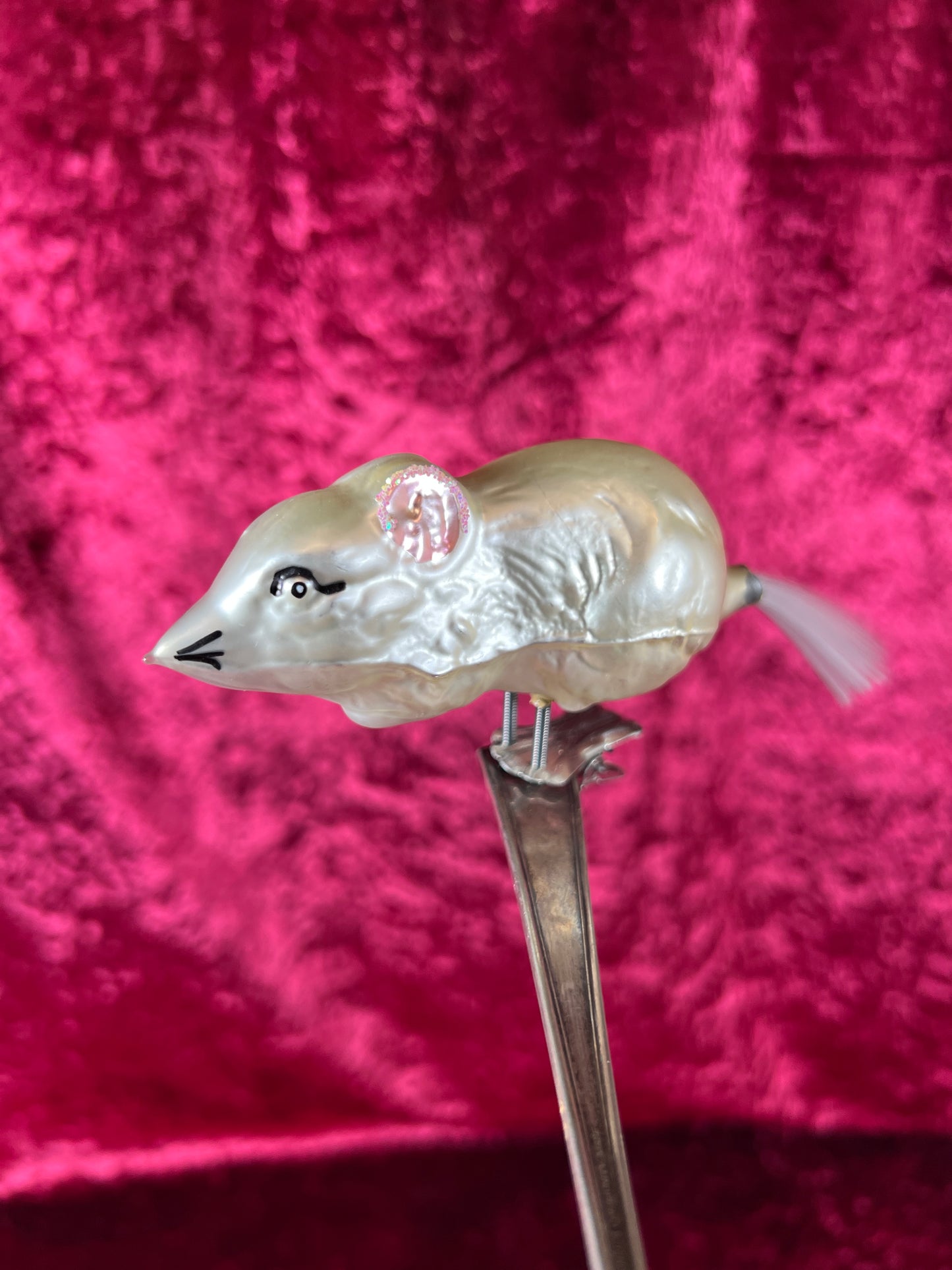 Vintage Christmas - Glass Clip-On Ornament - White Mouse with Nylon Hair Tail