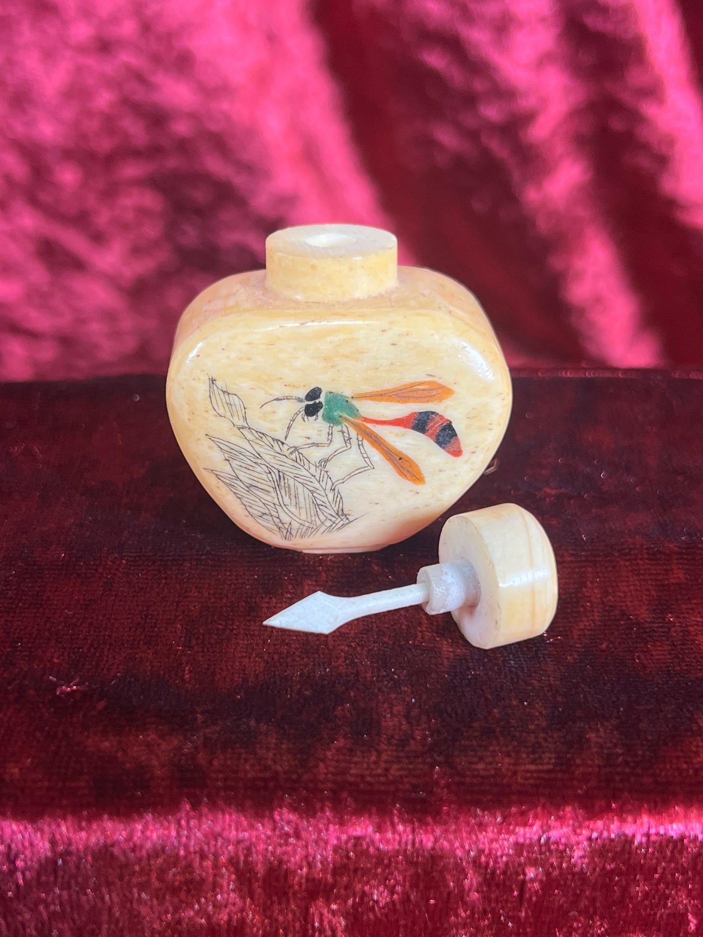 Vintage Curiosities - Antique Snuff Bottle - Bone - Inlaid Dragonfly - 1.75”