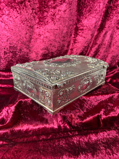 Vintage Vanity - Large Jewelry Box - Ornate Silver Rose Filigree - Red Felt Lining