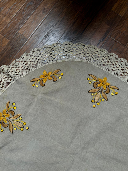 Vintage Circular Linen Table Cover - Harvest Yellow Embroidered Florals Crochet Lace Trim