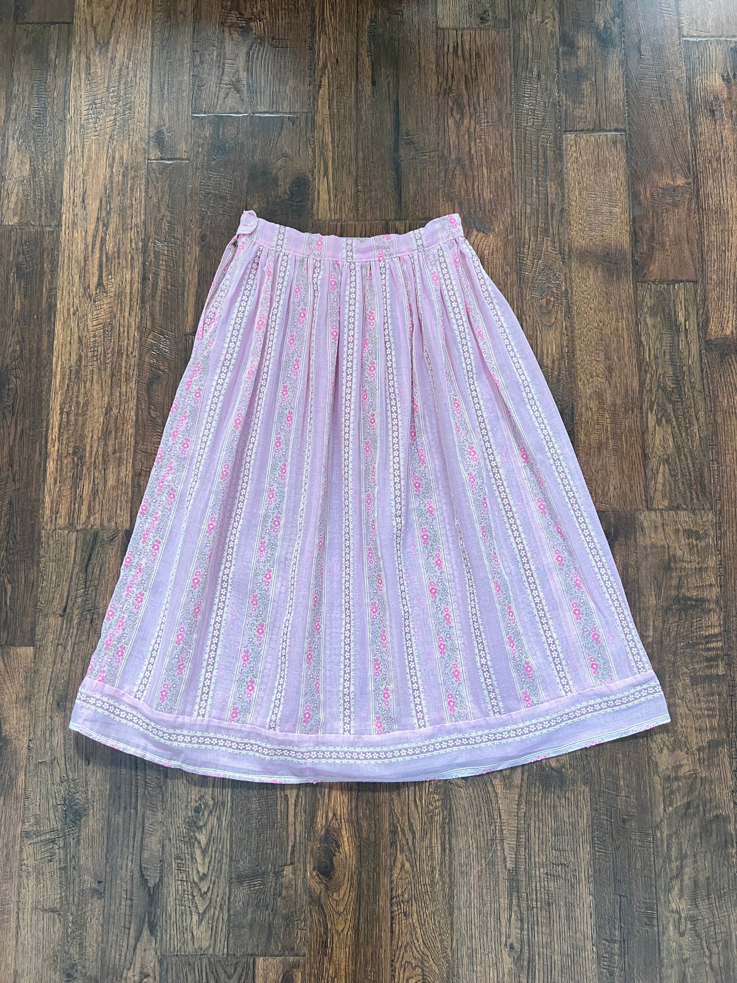 Vintage Circle Skirt - Pink Floral Stripe Semi Sheer Midi - Small