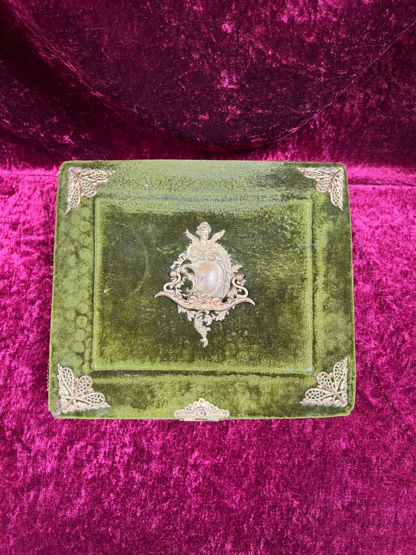 Antique Vanity Decor - French Musical Perfume Box - Green Velvet - Gold Metal Trim