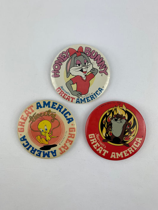 Vintage 1970s - 1980s Looney Tunes Great America Pinback Buttons - Set of 3