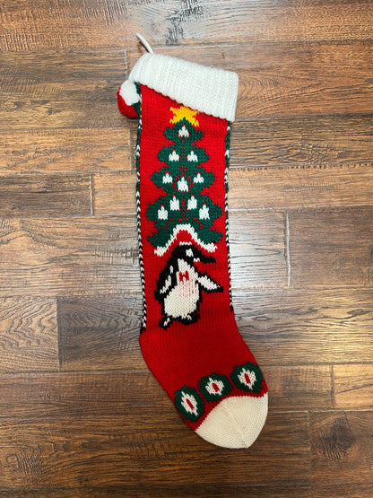 Vintage Christmas - Knit Stocking - Christmas Tree on Red